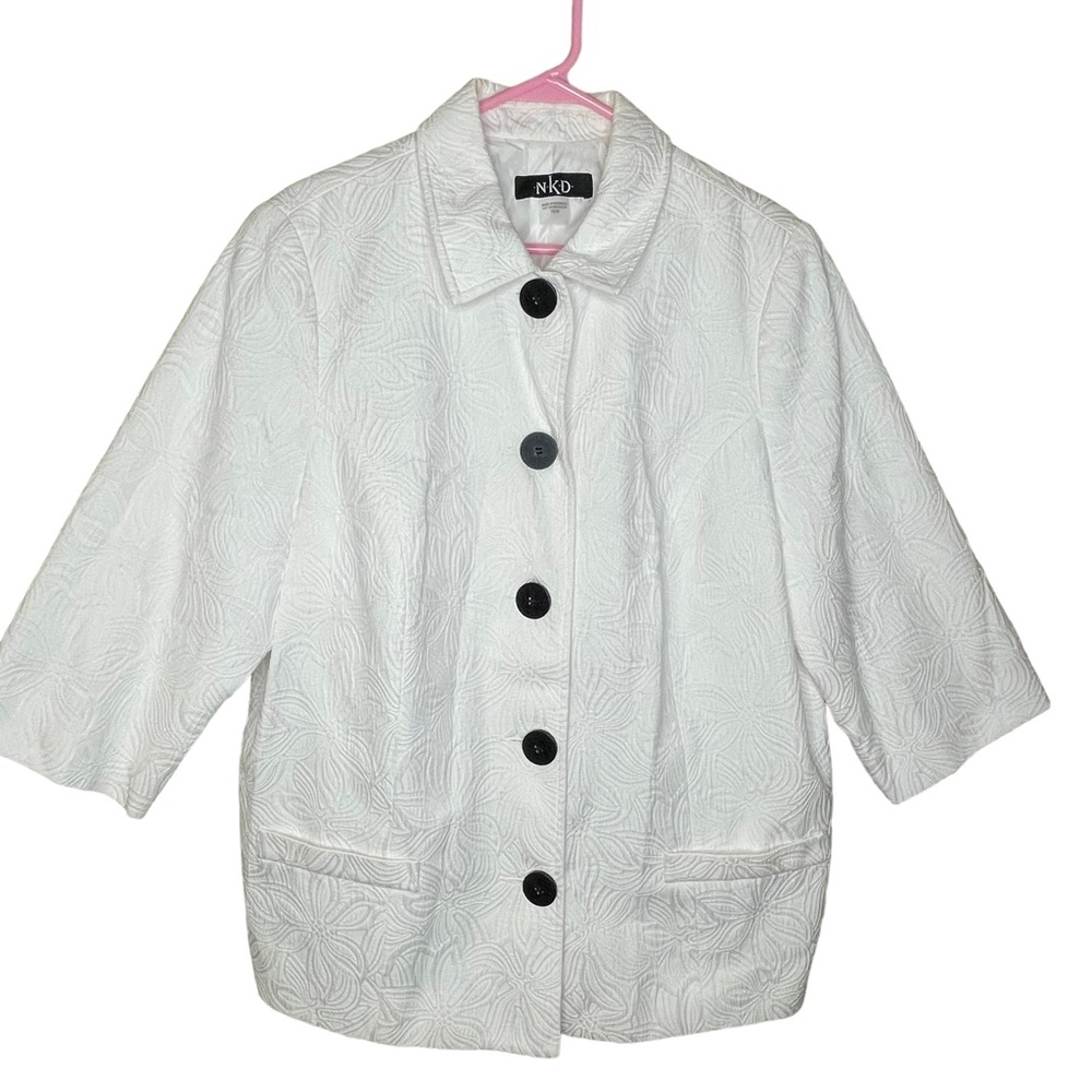 N.K.D Womens White Floral Textured 5 Button Blazer 3/4 Sleeves Size 16W